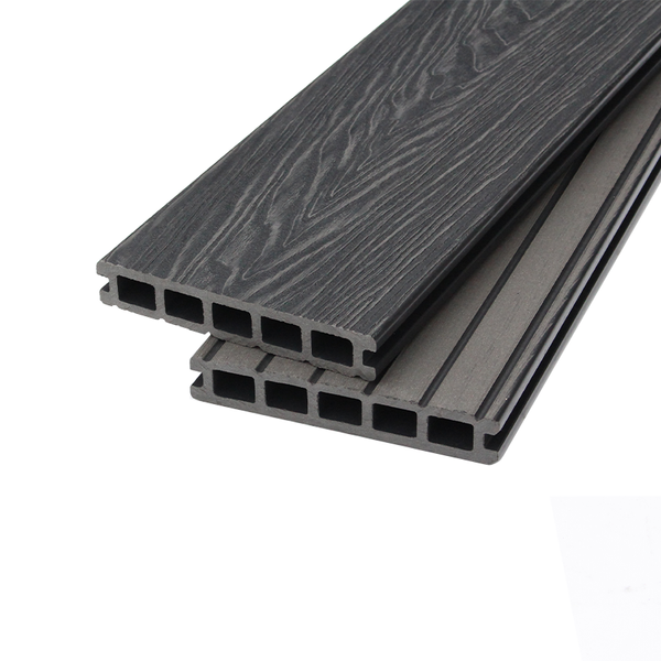 Close-up of the textured surface of slate composite decking,