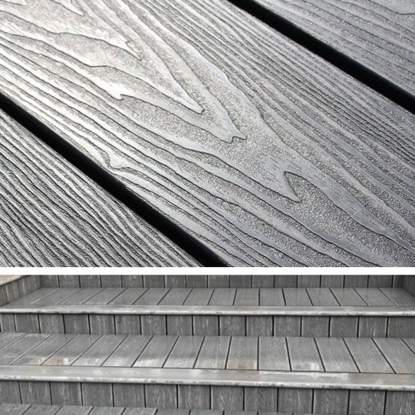 Close-up of Ash Grey Bullnose composite decking showcasing the smooth, rounded edge for a polished finish.