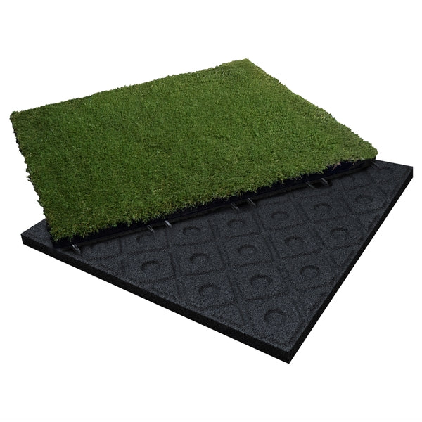 Close-up of artificial turf tile with natural grass texture.