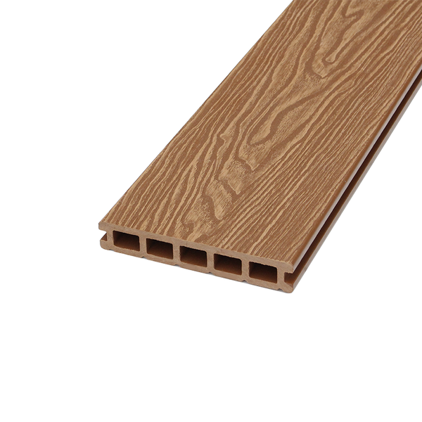 Composite decking with a teak finish, offering durability and style.